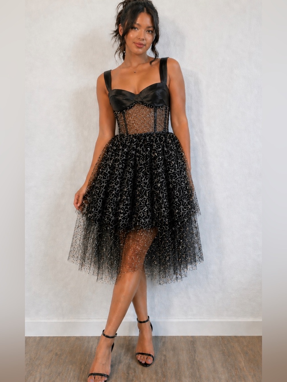 Black Vintage Silver Sparkle Sequins Layered Tulle Dress, lined mesh bustier top